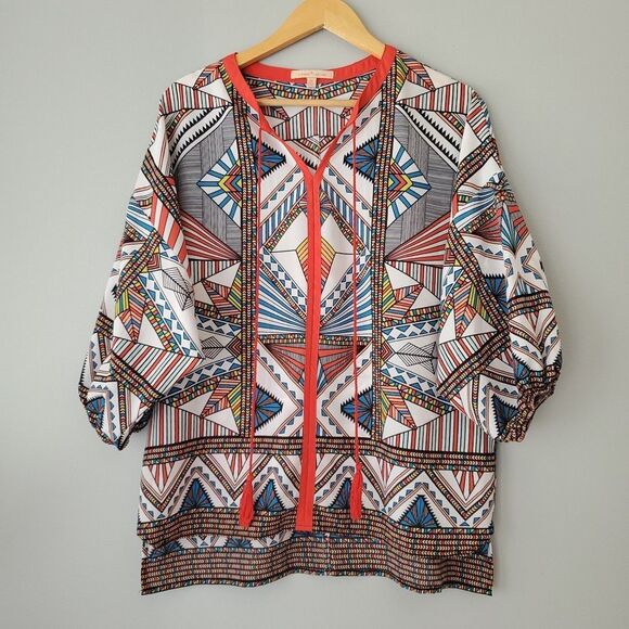 Gibson Latimer Red Colorful Geometric Oversized Pullover Blouse Womens Medium - Picture 1 of 7